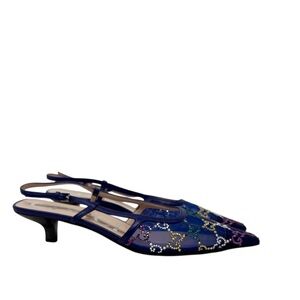Gucci Tela Retino Crystal GG Monogram 35MM Blue Mesh Slingback Pumps Size 37.5